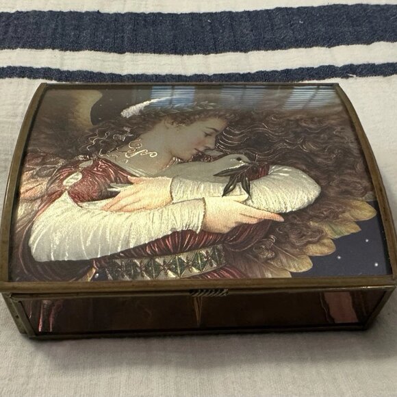 Vintage Trinket Jewelry Box - Metal & Glass - Angel with Dove - Enesco Brand - Picture 1 of 12